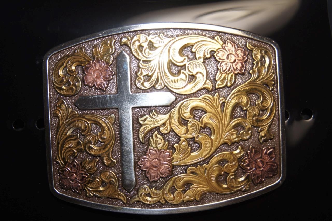 Nocona M&F Western Belt Buckle Rectangle Floral Cross 37945