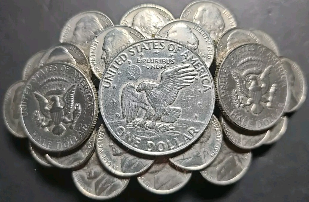 Eisenhower Dollar KENNEDY HALF DOLLARS COIN + NICKELS BELT BUCKLE HEAVY 4.5 In.
