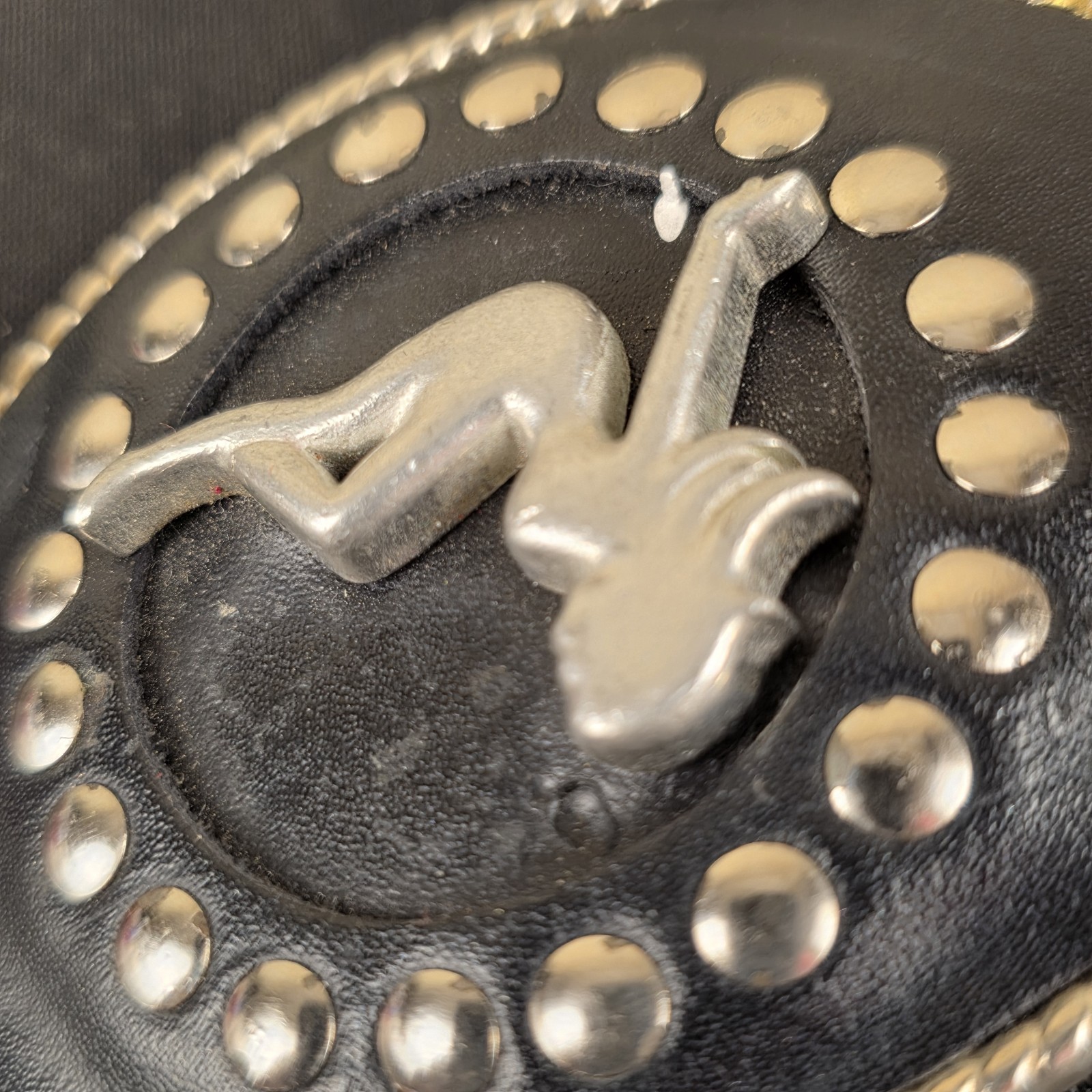 Vintage Trucker Girl Leather Belt Buckle Mudflap Silhouette Silver Studs Oval