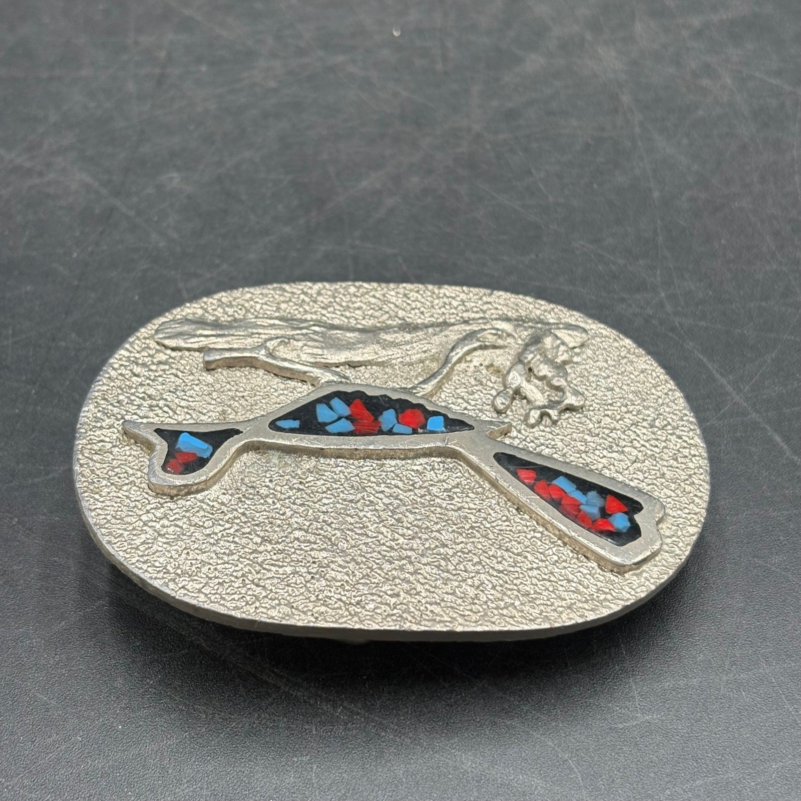 Vtg Siskiyou 1979 Roadrunner Belt Buckle BB787 Red Blue Chip Inlay Silver Tone