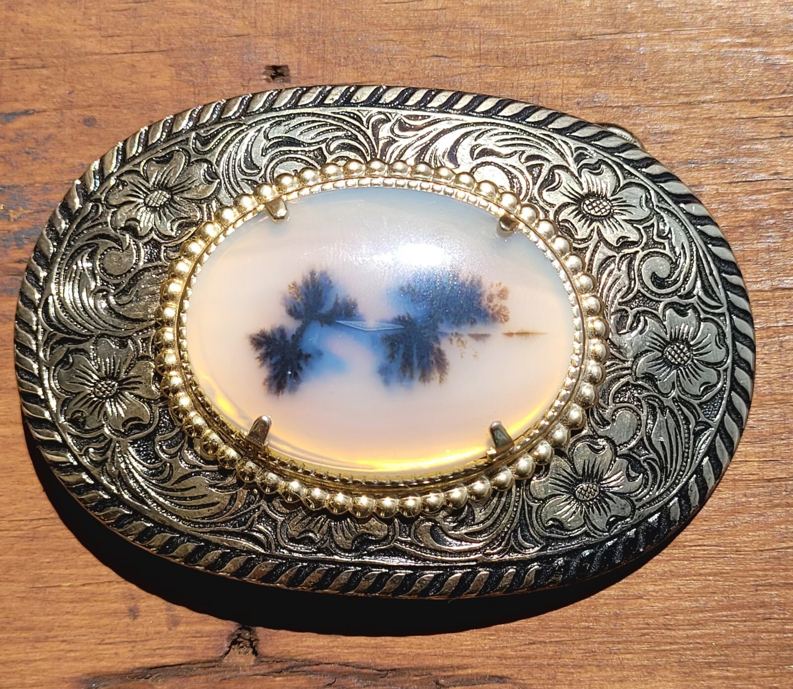 VINTAGE GENUINE AGATE AND BRASS BELT BUCKLE WITH ORIGINAL BOX NOS NIB
