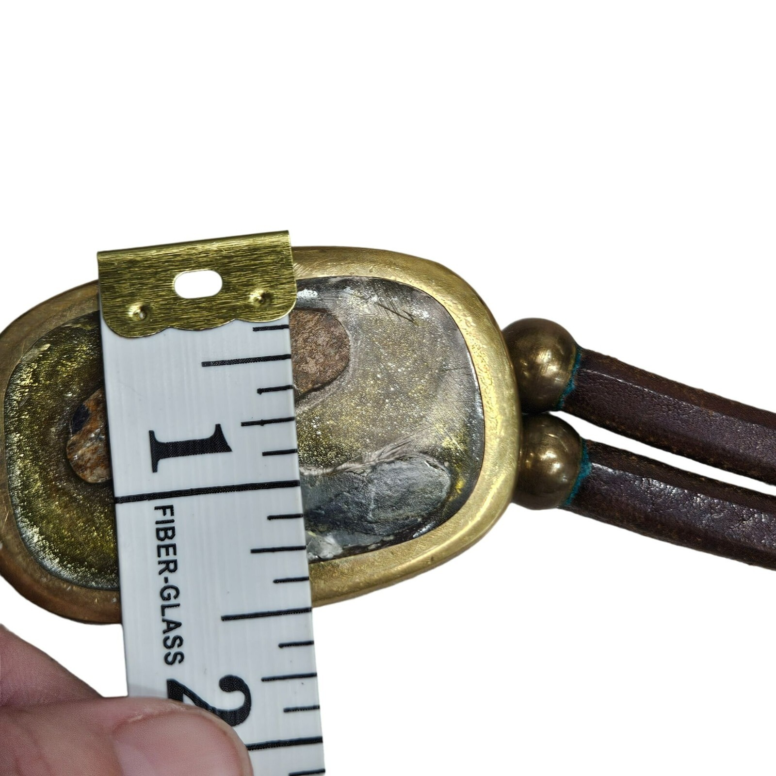 Brass Inlay Buckle Double-Layer Leather Belt Stone Accents Possibly Homemade