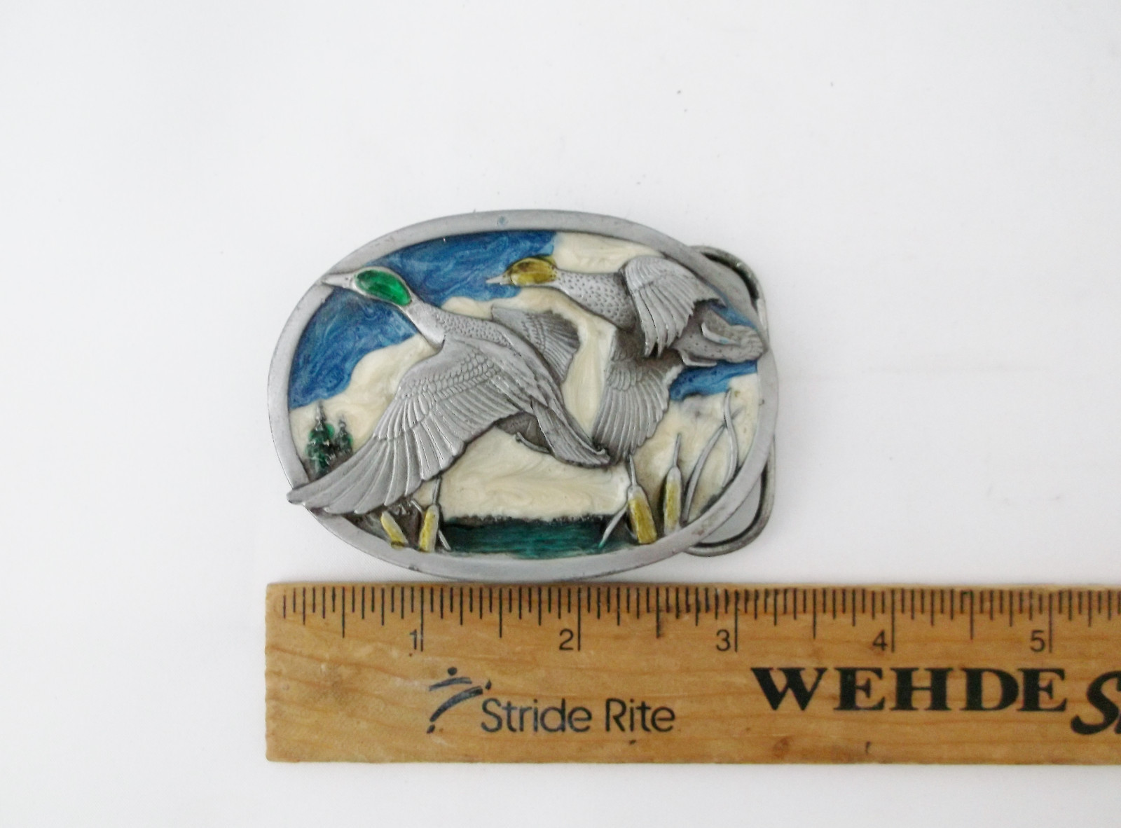 Unique Rare Wild Mallard Ducks in Flight Belt Buckle-Enamel/Pewter-3 X 2 1/3&Prime;