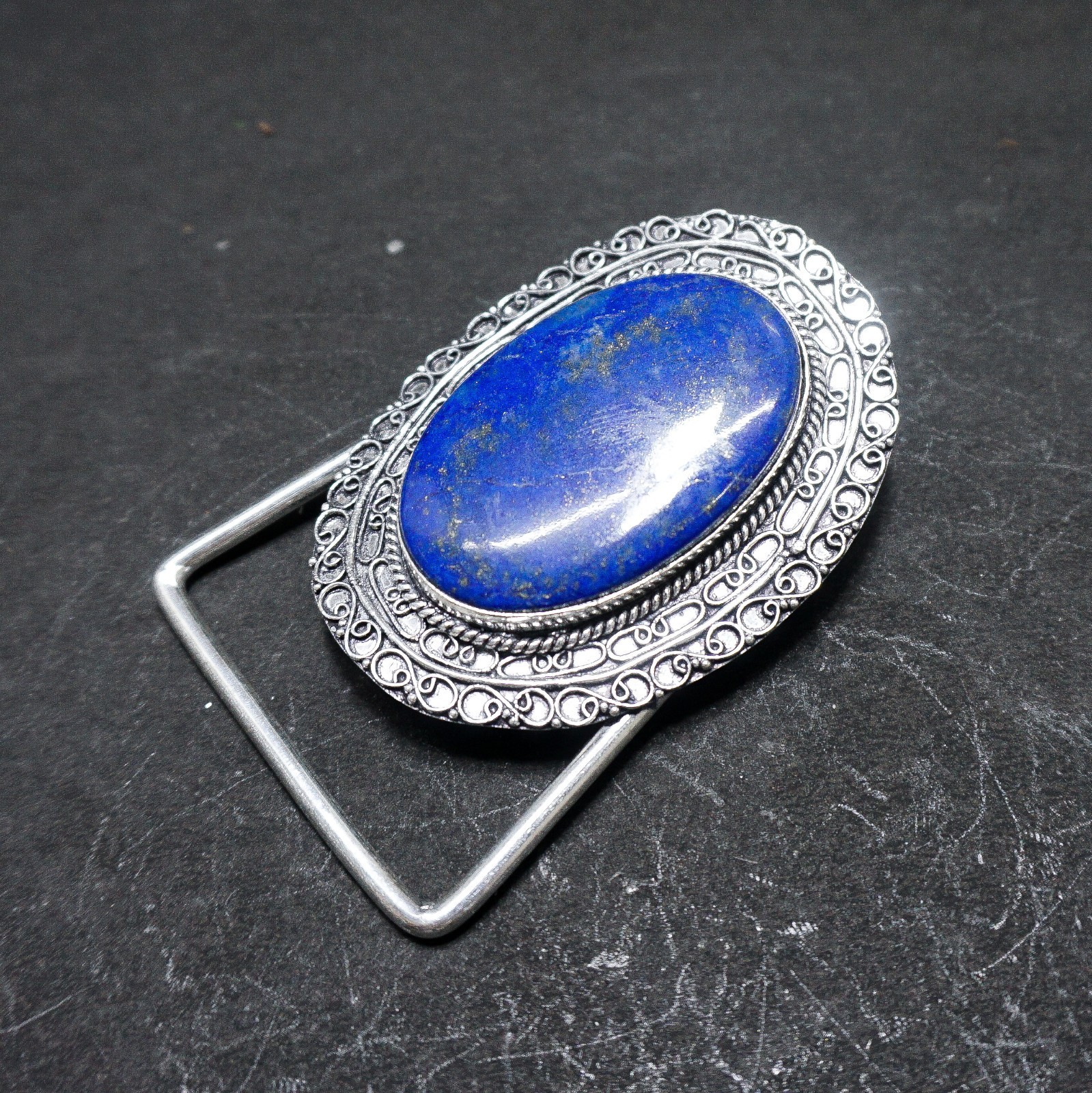 Handcrafted 925 Sterling Silver Natural Lapis Lazuli Oval Cabochon Belt Buckle