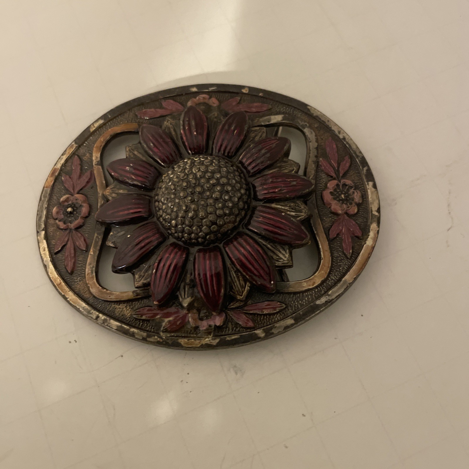 Vintage Flower Oval Belt Buckle – Stamped –