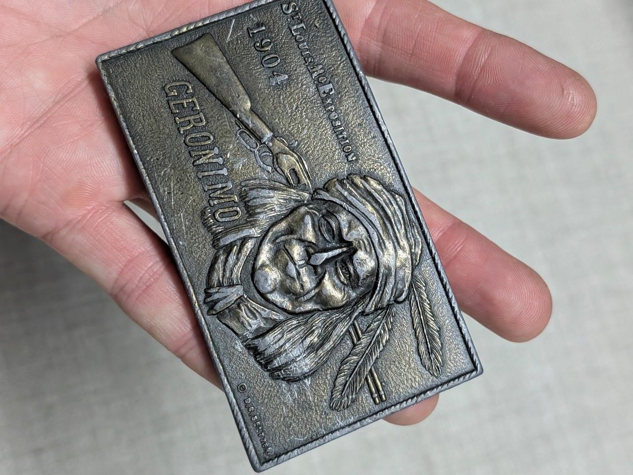 vintage GERONIMO belt buckle NATIVE AMERICAN solid brass INDIAN st louis WESTERN