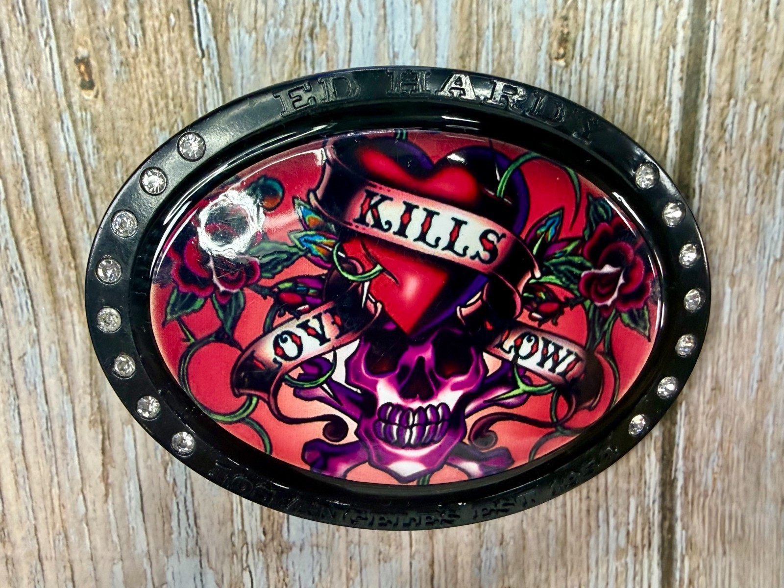 Ed Hardy Love Kills Slowly Signature Tattoo Skull with Rhinestones Belt Buckle