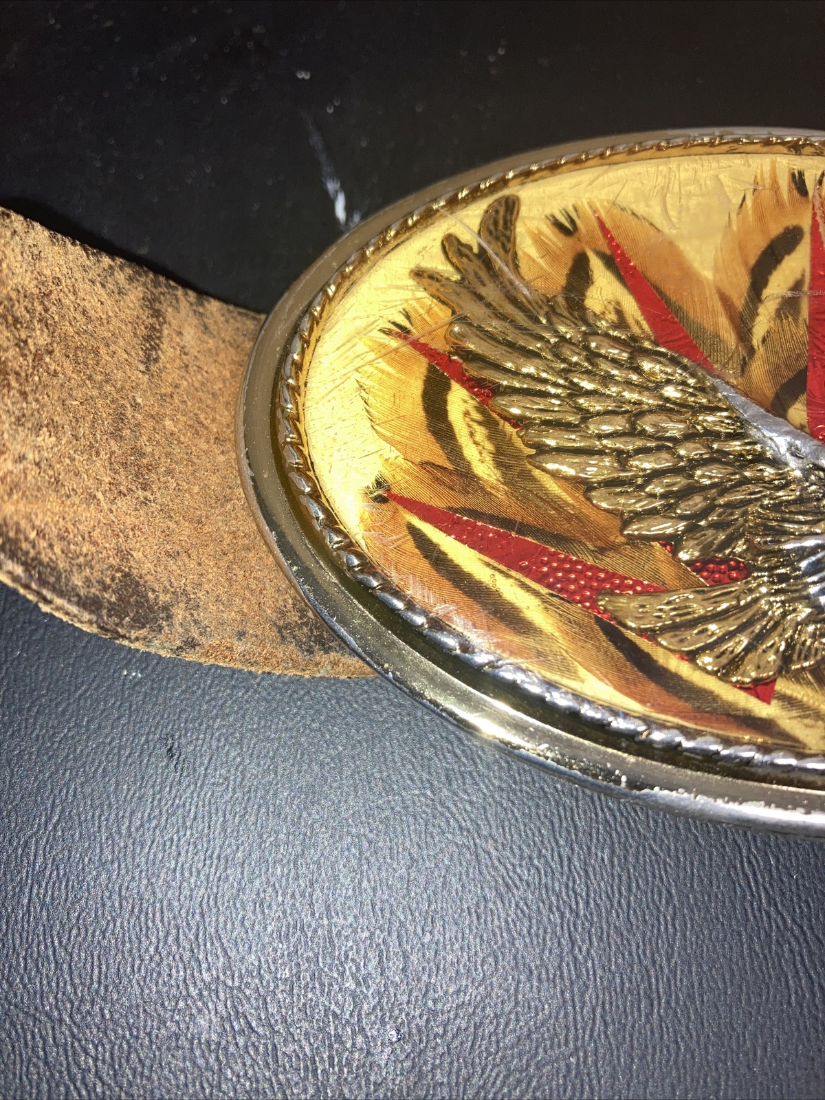 Vintage Belt Buckle Eagle Feathers Gold Resin with belt size 32