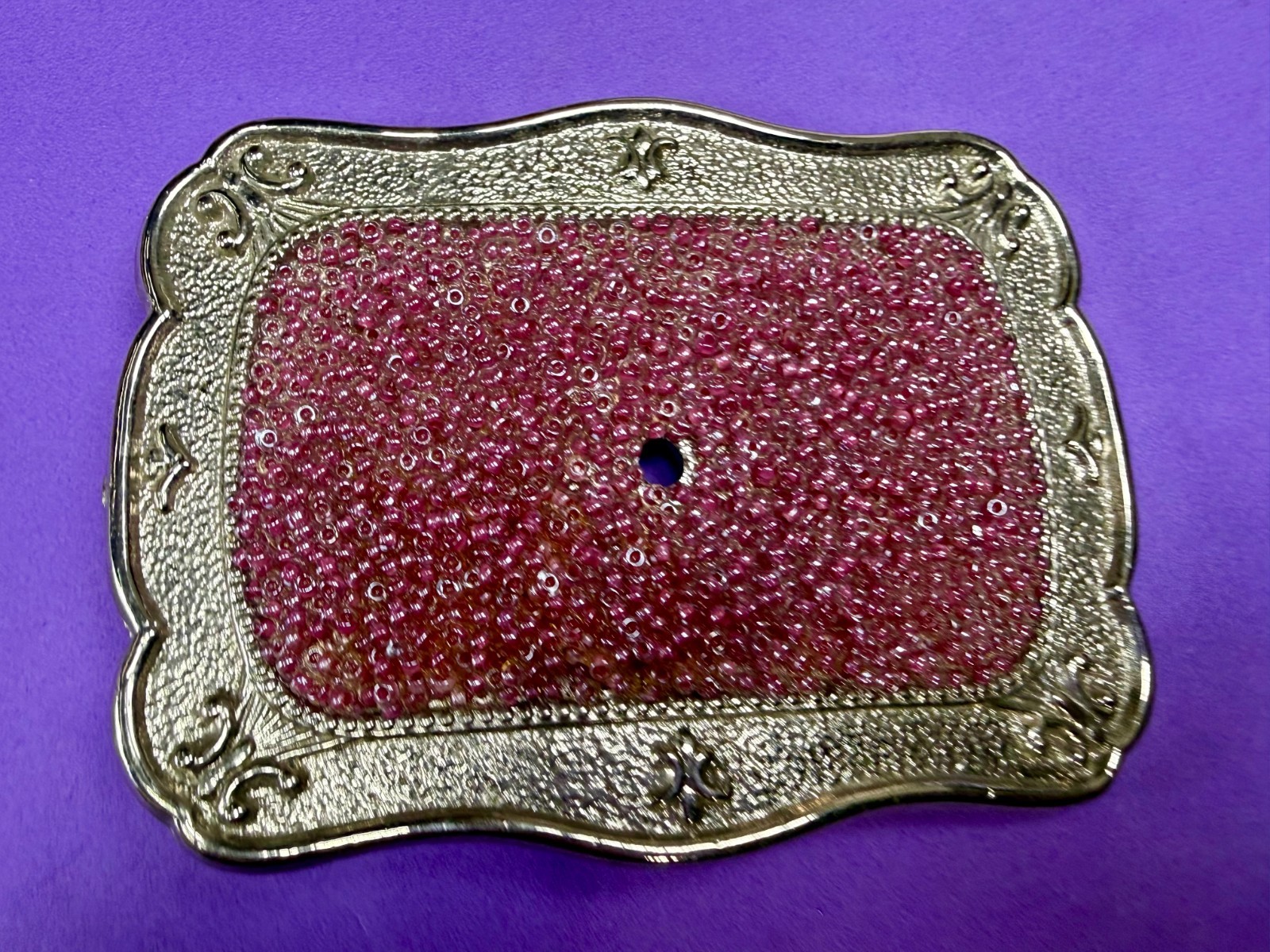 Rectangular Red Pink Bead Covered Belt Buckle Center Hole For Craft Or Project