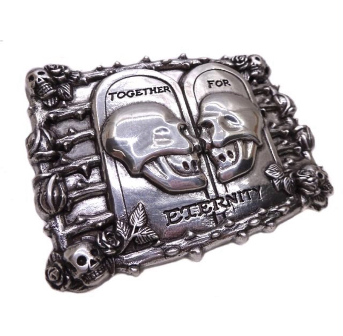 Gothic Skull Belt Buckle, Together for Eternity, Antique Silver Zamak