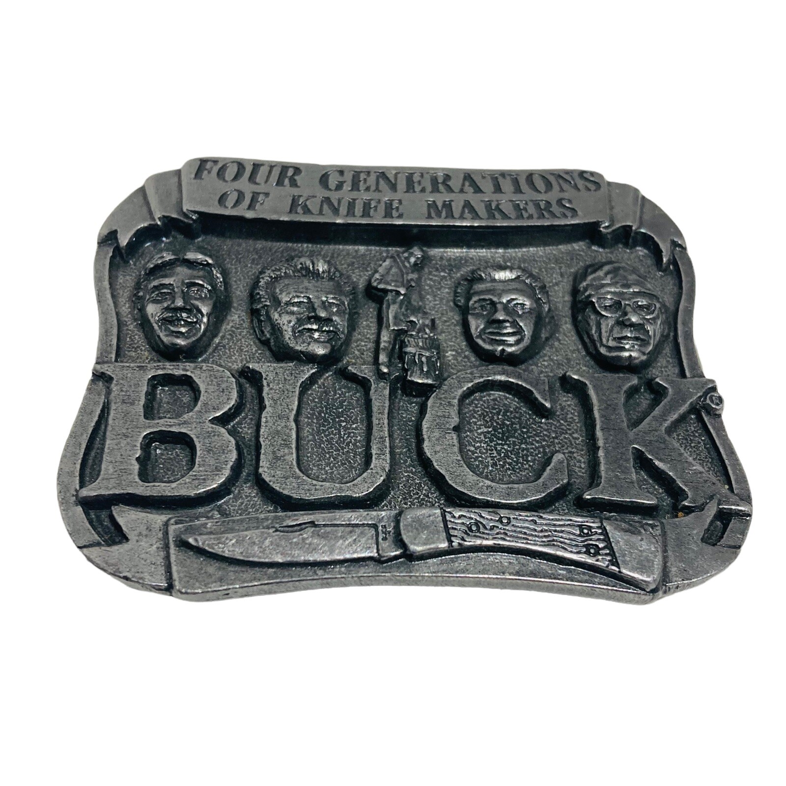 Vintage Pewter Embossed BUCK KNIVES Four Generations Knife Makers Belt Buckle