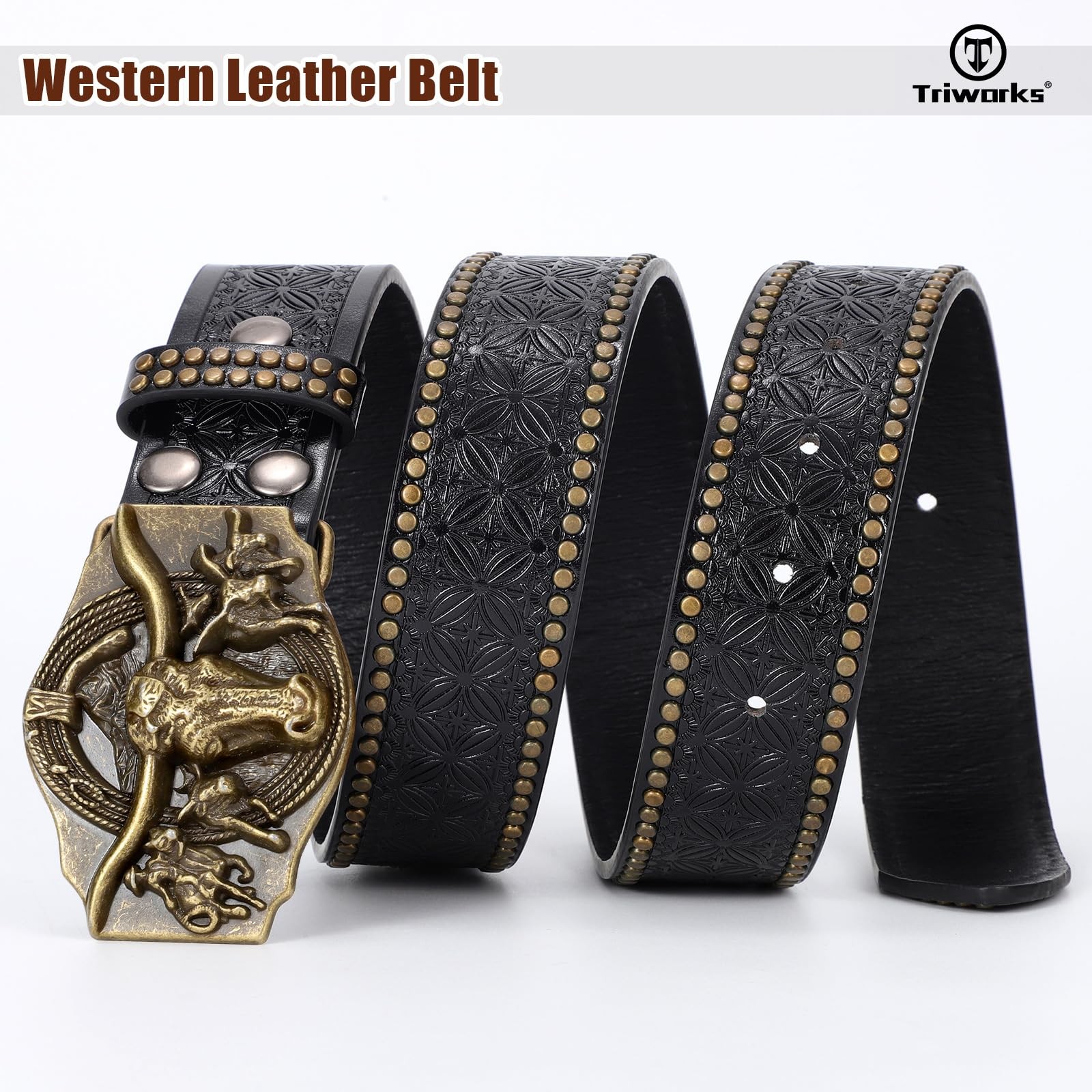 TRIWORKS Western Leather Belt for Men Cowboy Cowgirl Fit Size 34&Prime;-37&Prime;, Black