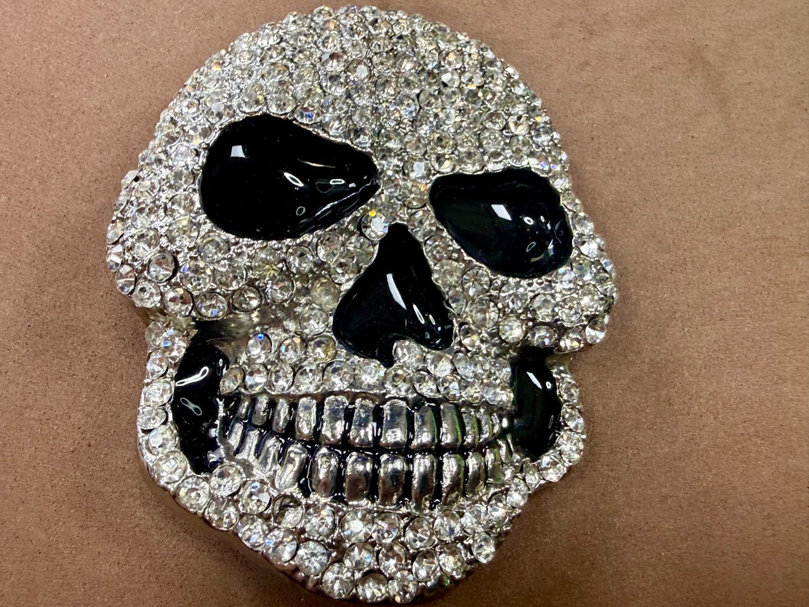 Creepy Skull Grinning Teeth Black Enamel Clear Rhinestone Covered Belt Buckle