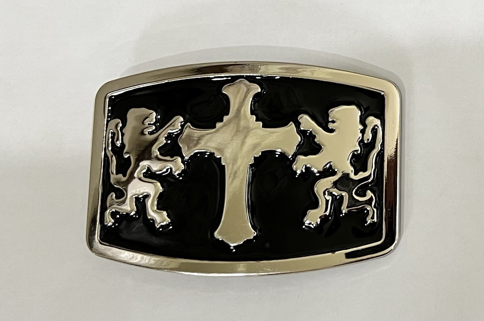 Mens Belt Buckle Black Silver With Double Lions and Cross 4×3” Vintage