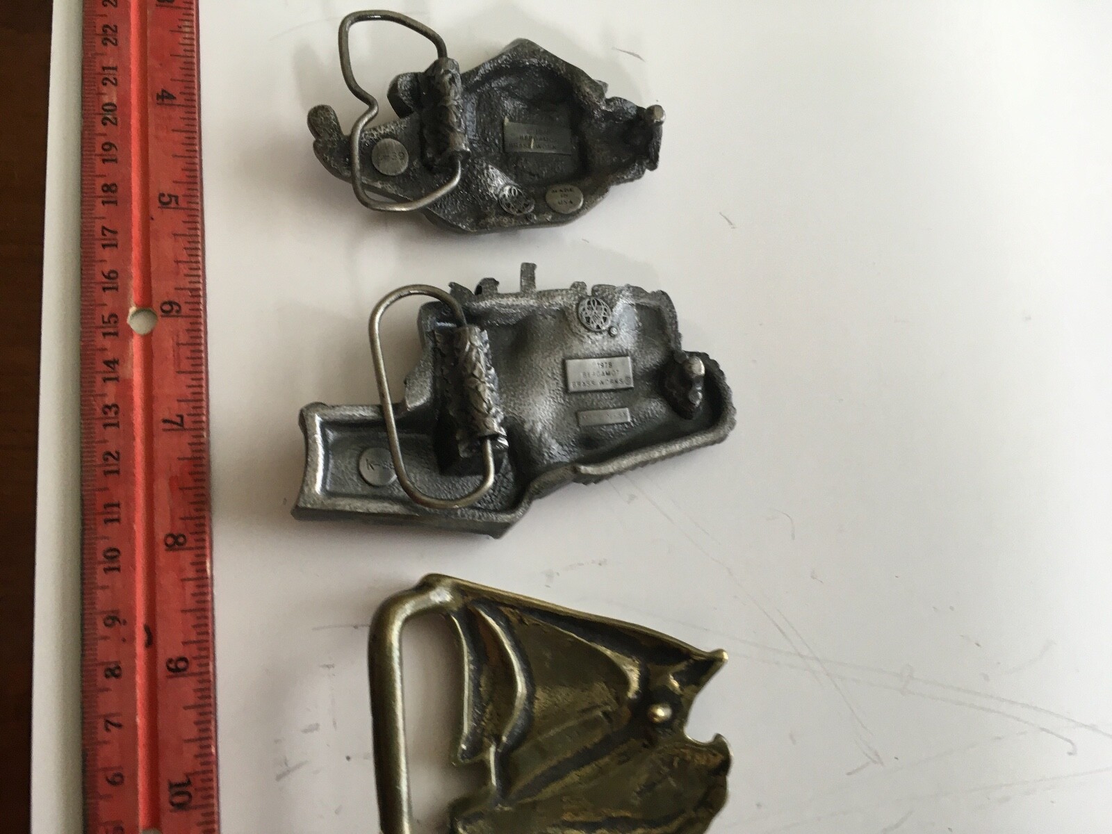 3 Vintage Belt Buckles – Snow Machine, Bull Dozer, Sail Boat – Unused