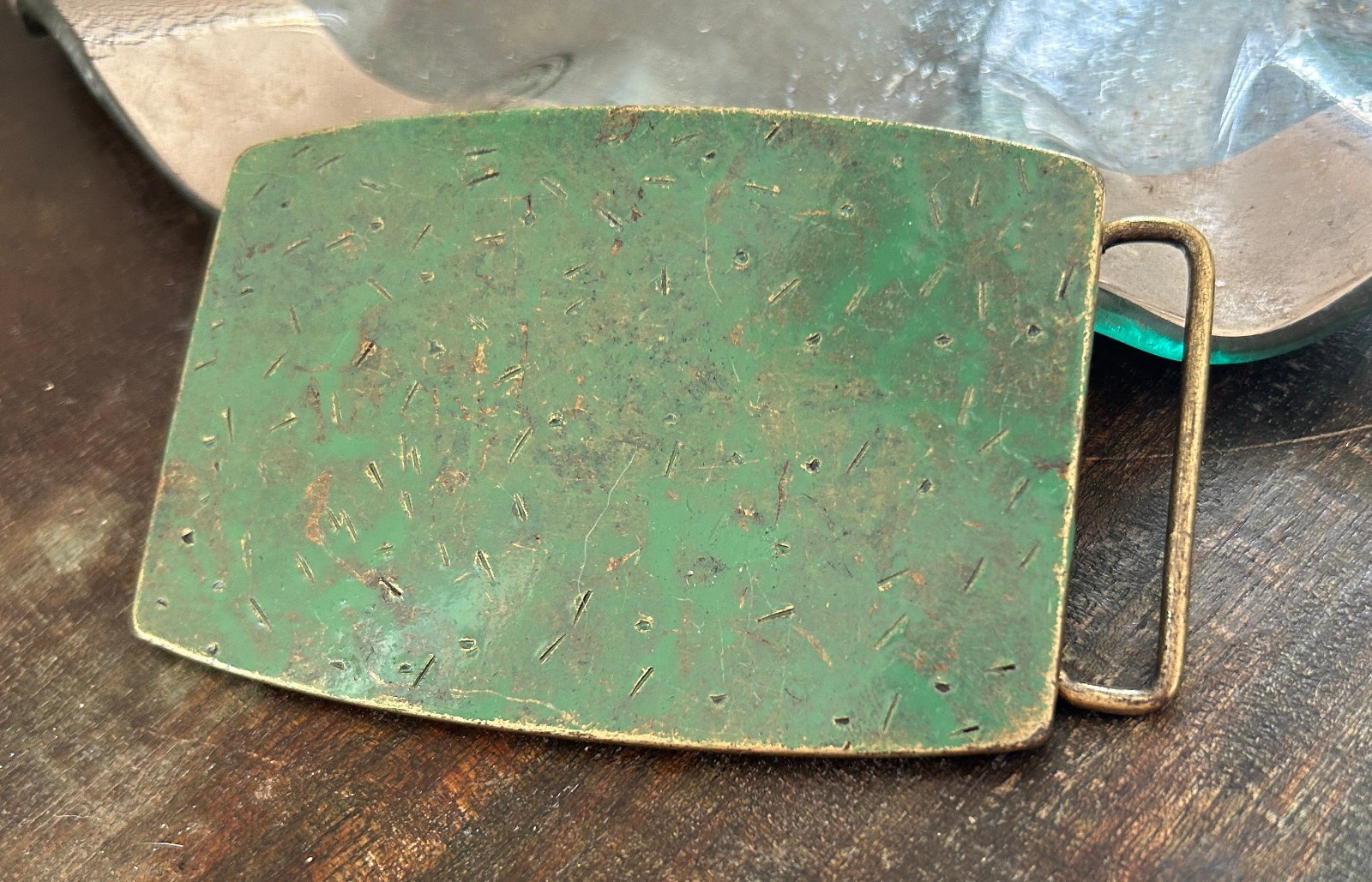 Vintage Turquoise Brass Belt Buckle Patina Engraved Western Cowgirl Style
