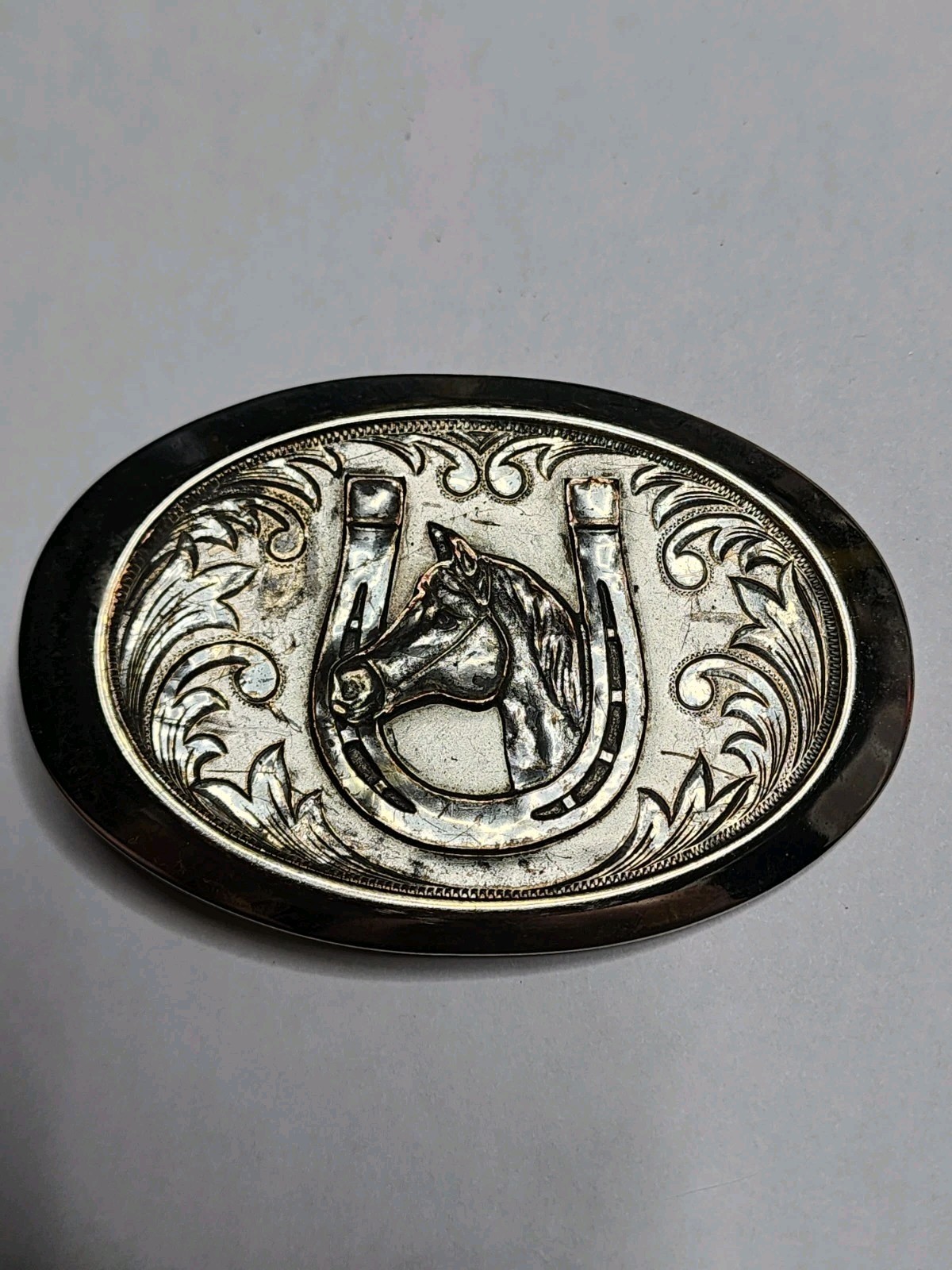 Vintage Horse Equestrian Horseshoe Belt Buckle Cowboy Lucky Horseshoe Distressed