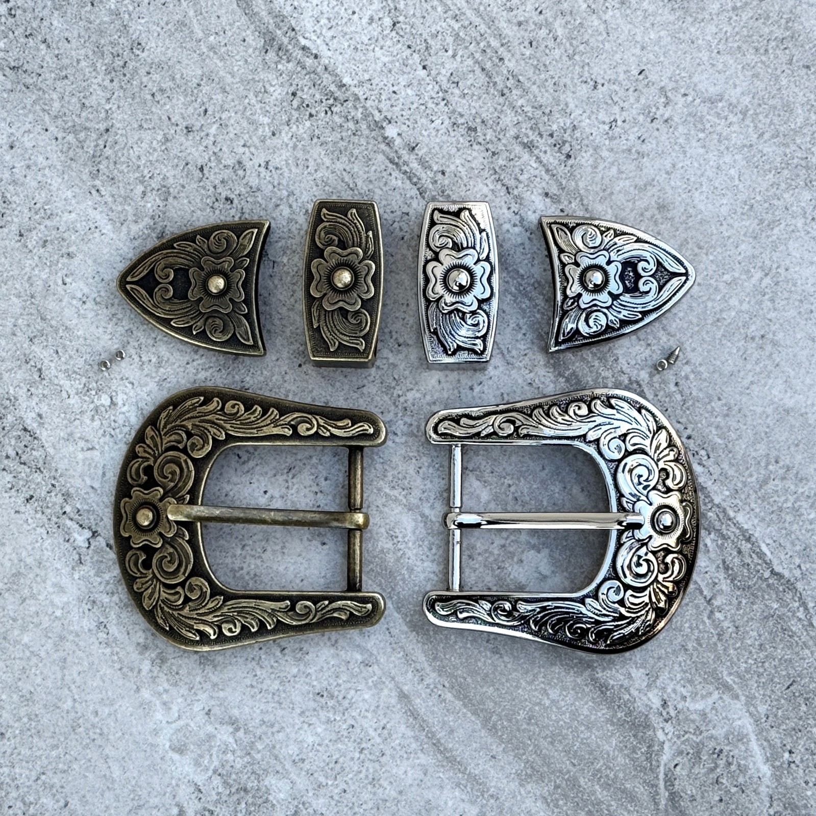Western 3-Piece Belt Buckle Set Floral Engraved Silver Bronze Cowboy Rodeo Style