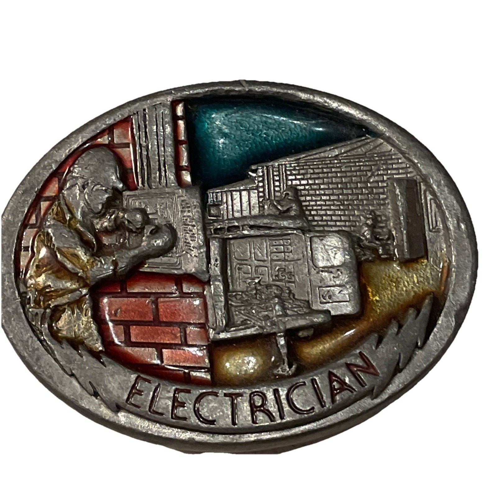 1988 C&J Vintage Electrician Pewter Enamel Belt Buckle 1054 Made USA 3.25×2.5”