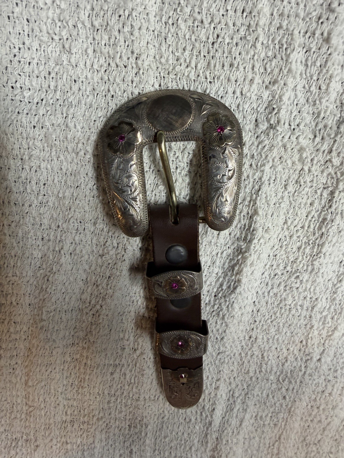 Vogt Sterling Silver 14K Gold Ruby Engraved Western Floral Belt Buckle 1.5 in