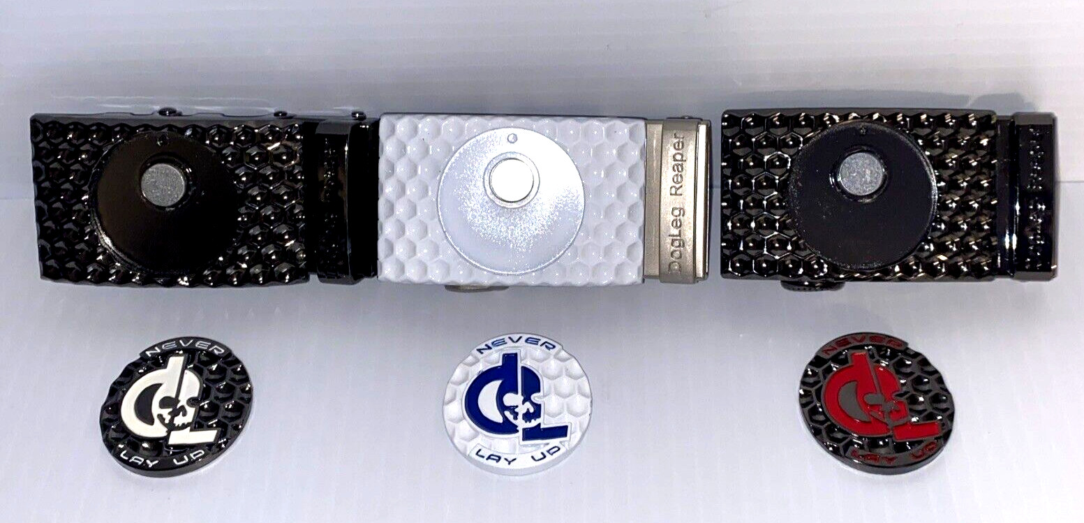 Golf Belt Buckle & Leather Belt Removable Magnetic Ball Marker Ratchet Dog Leg