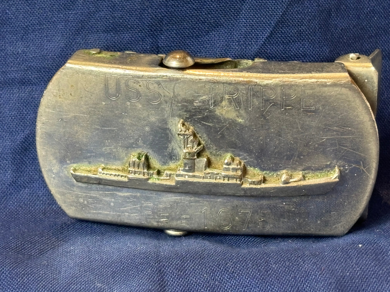 VTG Naval USS Trippe FF-1075 Belt Buckle Military Style Knox Class Frigate Japan