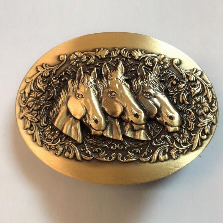 3 Horse Head Western Cowboy Solid Brass Copper Mens Belt Buckle Vintage
