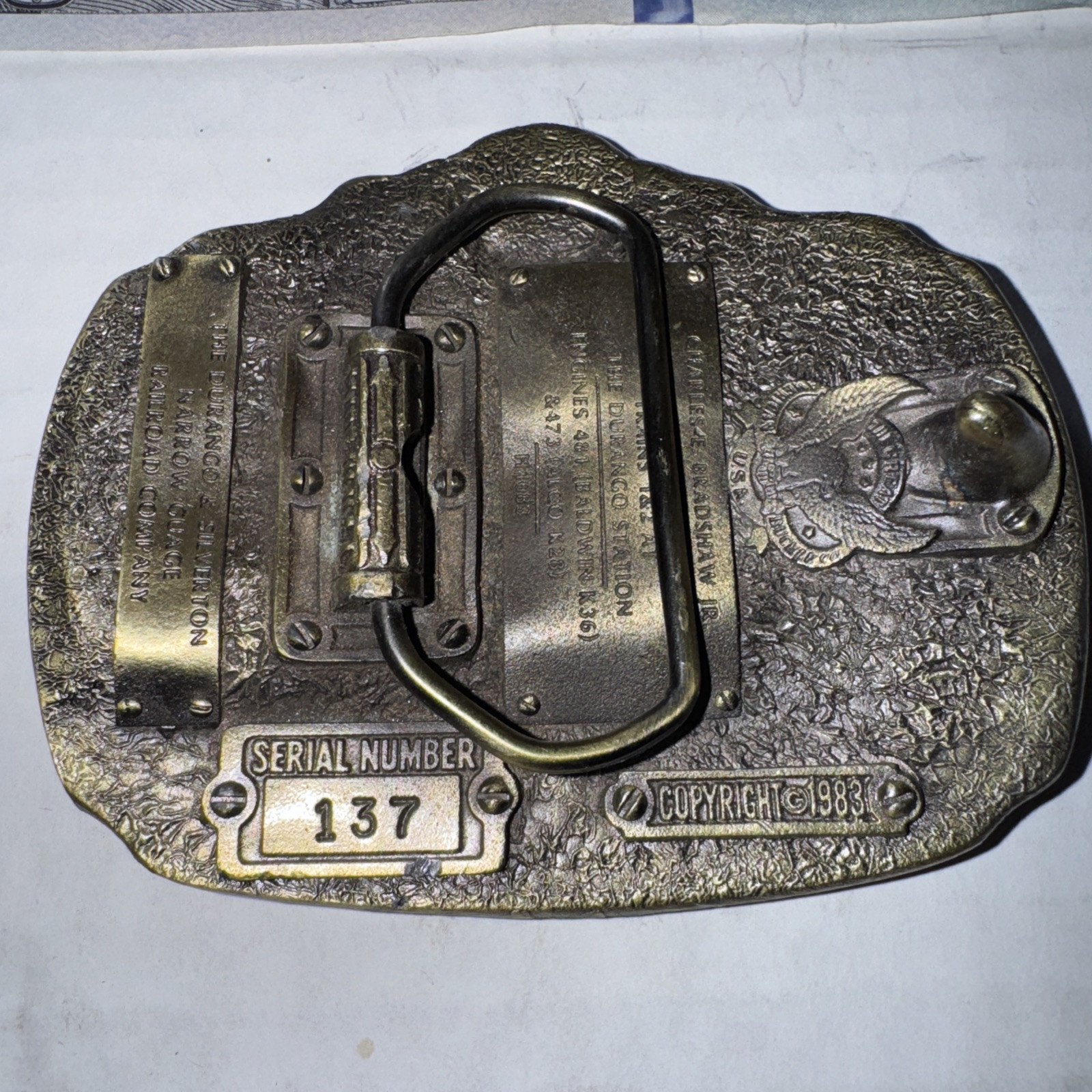 DURANGO & SILVERTON NARROW GAUGE RAILROAD SOLID BRASS BELT BUCKLE 1983