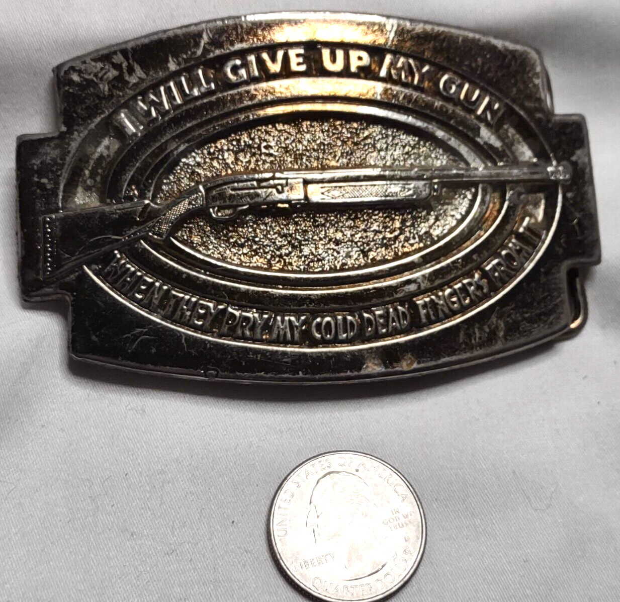 Belt Buckle VTG Cast Brass 1976 Give Up My Gun Pry Cold Dead Fingers From It
