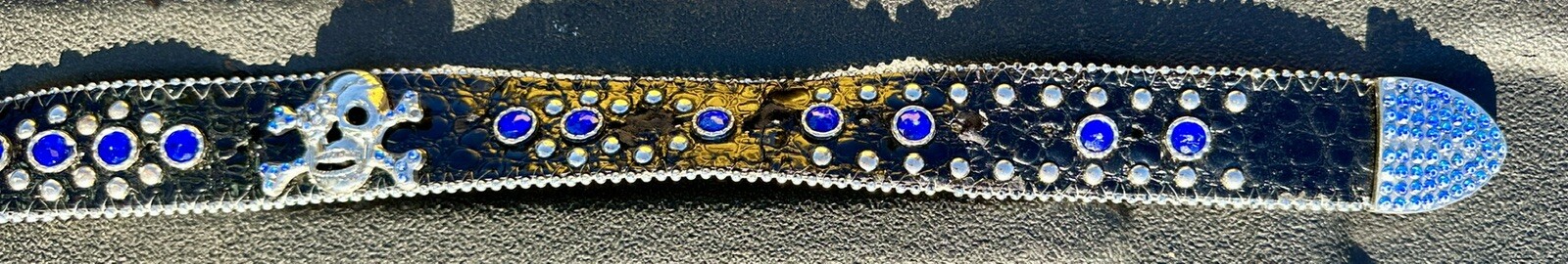 Skull covered in Clear & Blue Rhinestones Belt & Belt Buckle,Missing Some Stones