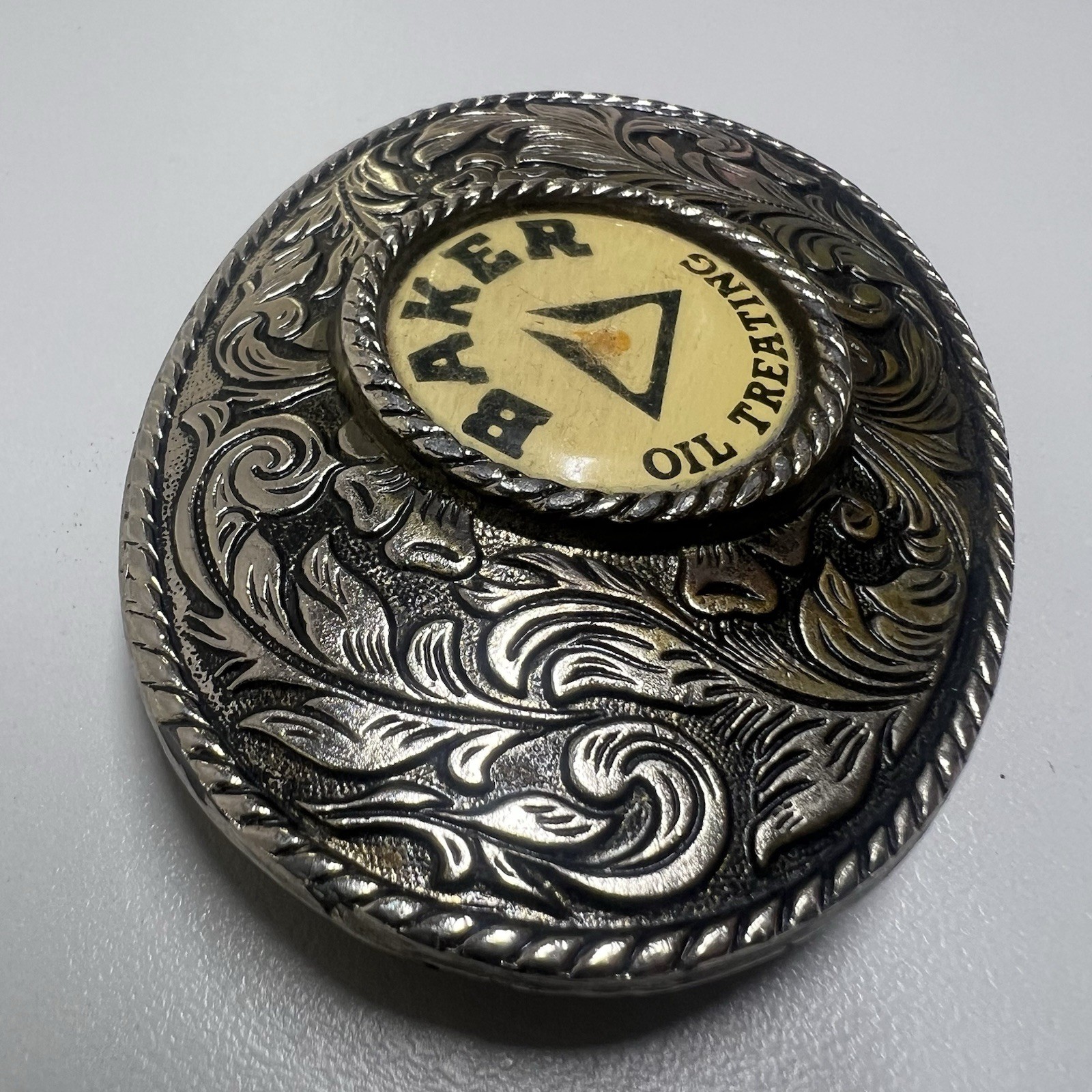 Baker Oil Treating Belt Buckle Vintage Western Floral Oval Silver Tone
