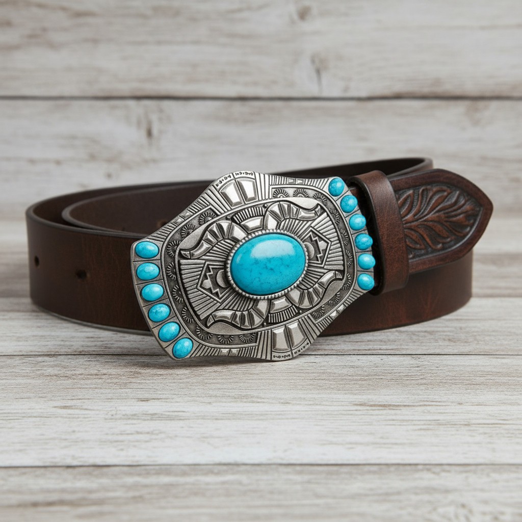 New Men Women Dark Silver Metal Belt Buckle Western Fashion Turquoise Blue Beads