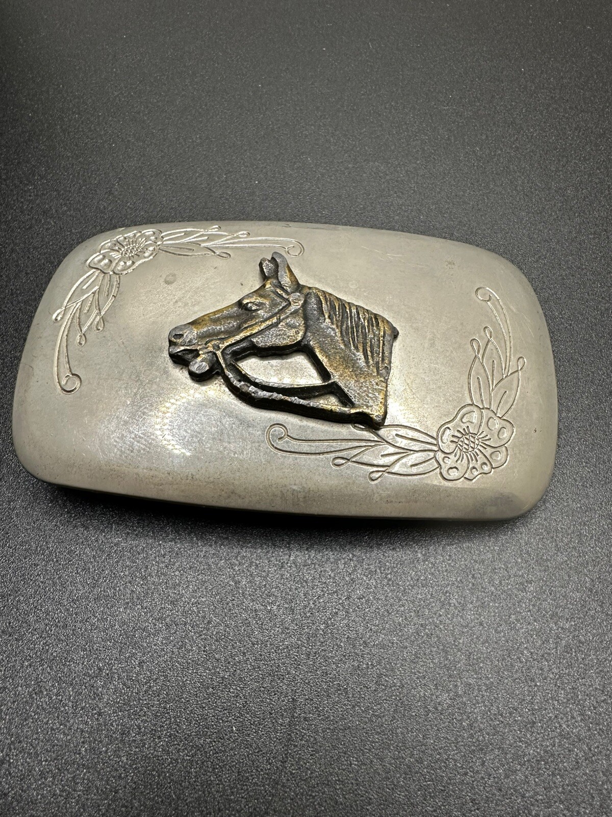 Vintage Horse Head Western Belt Buckle Etched