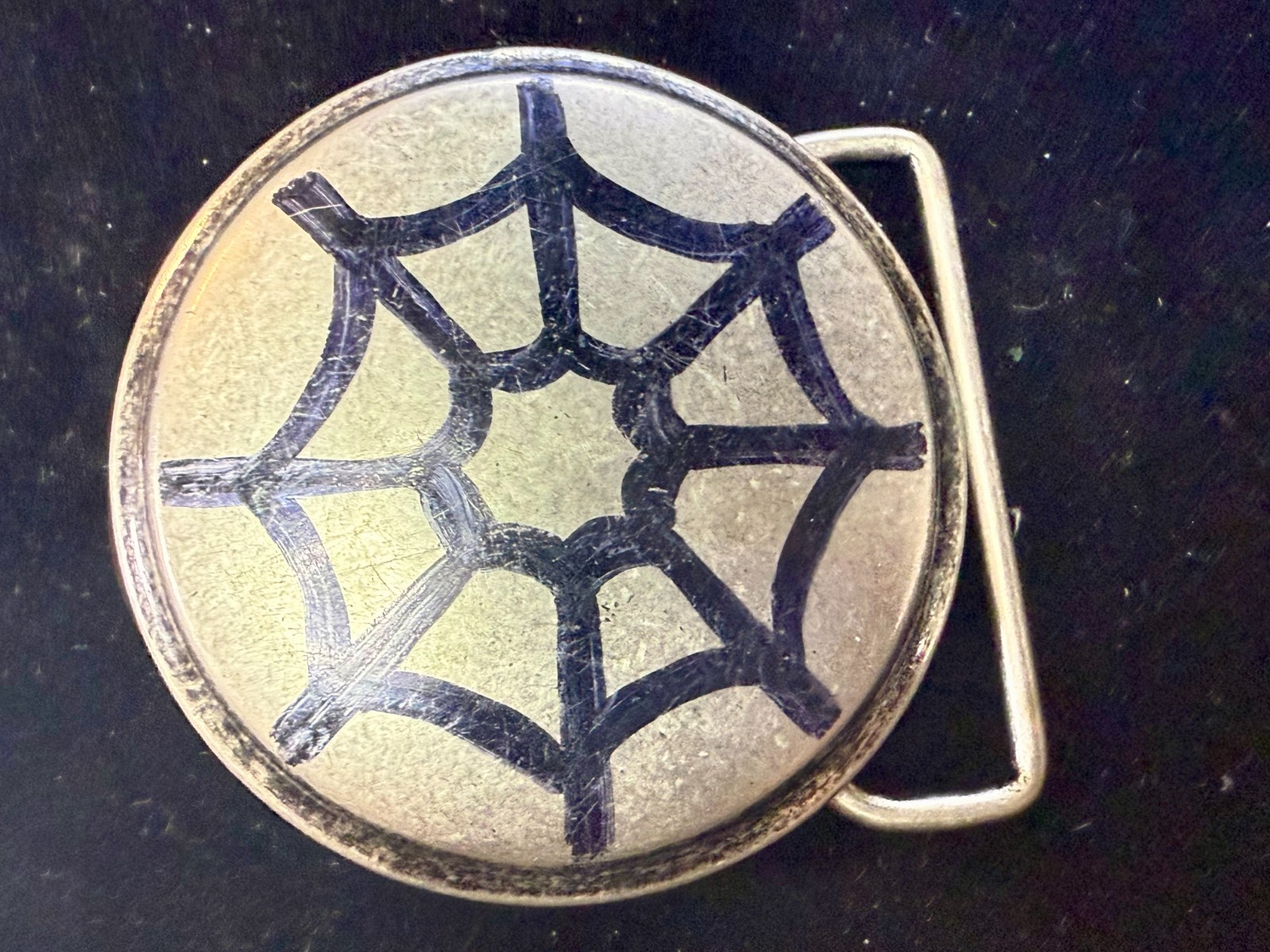 Spider Web Artwork Paint on Round Hippy Gothic Punk Vibe Belt Buckle