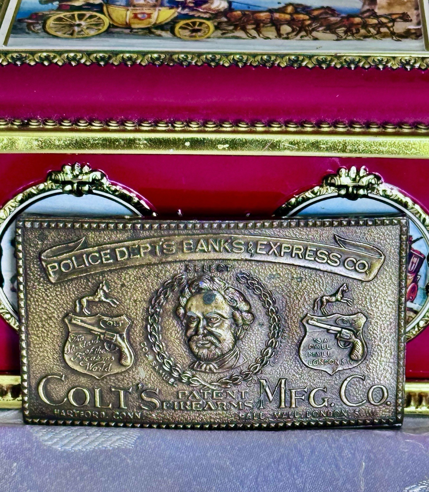 Vintage Colt Firearms Brass Tone Belt Buckle Police Banks Express 6.0 Oz.