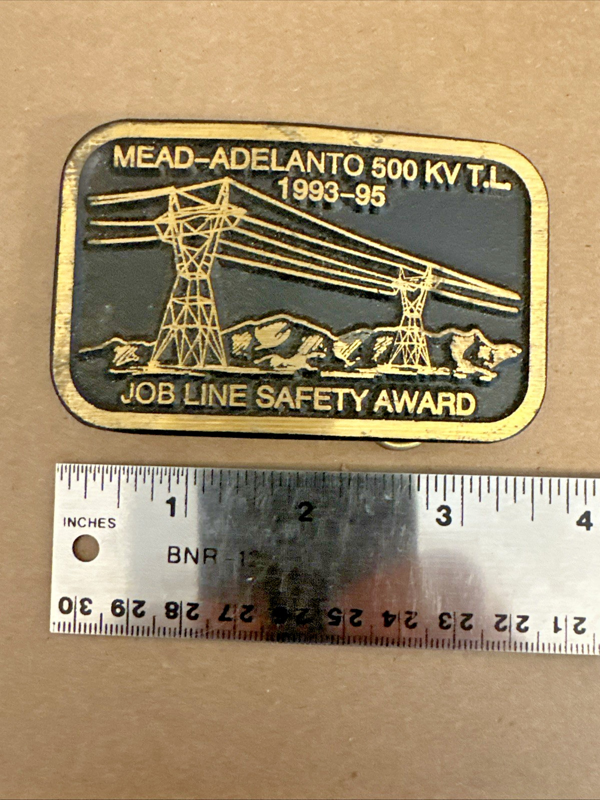 Vtg Solid Brass Belt Buckle Mead-Adelanto 500 KV T.L. Job Line Construction Dyna