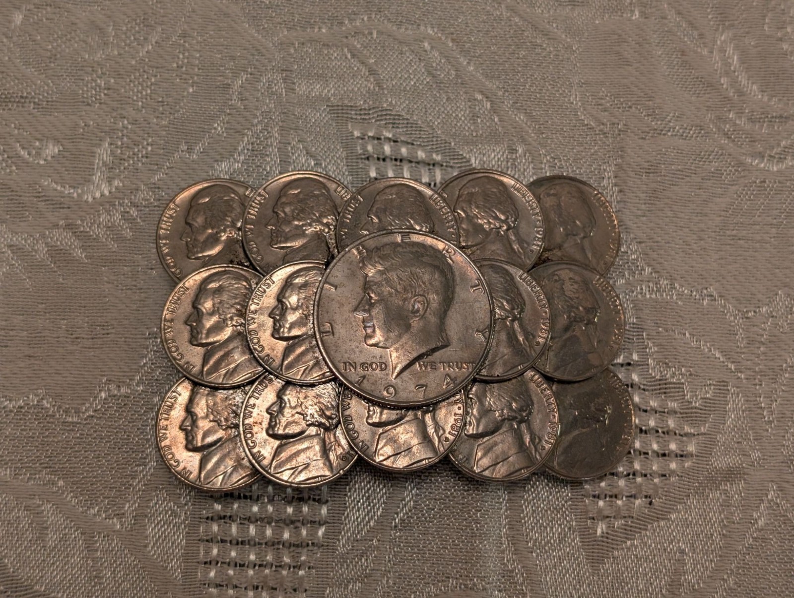 Vntg Handmade Coin Belt Buckle 1974 Kennedy Half Dollar & 1981 Jefferson Nickels