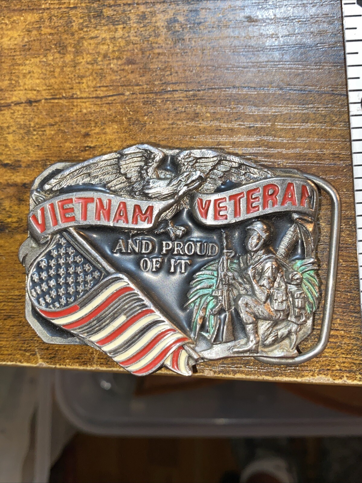 VTG Vietnam Veteran And Proud Of It Belt Buckle Enamel Great American Buckle Co