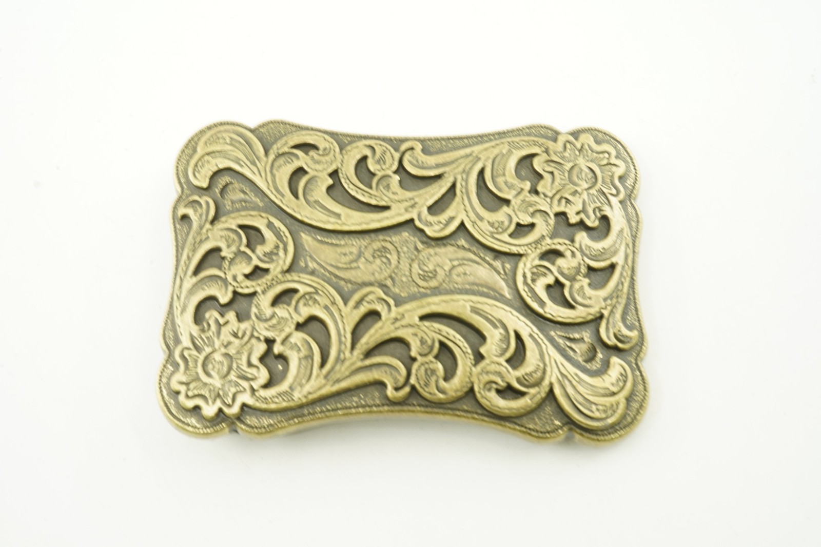 Western Floral Flower Pattern Small Recactangle Bronze Plated Metal Belt Buckle