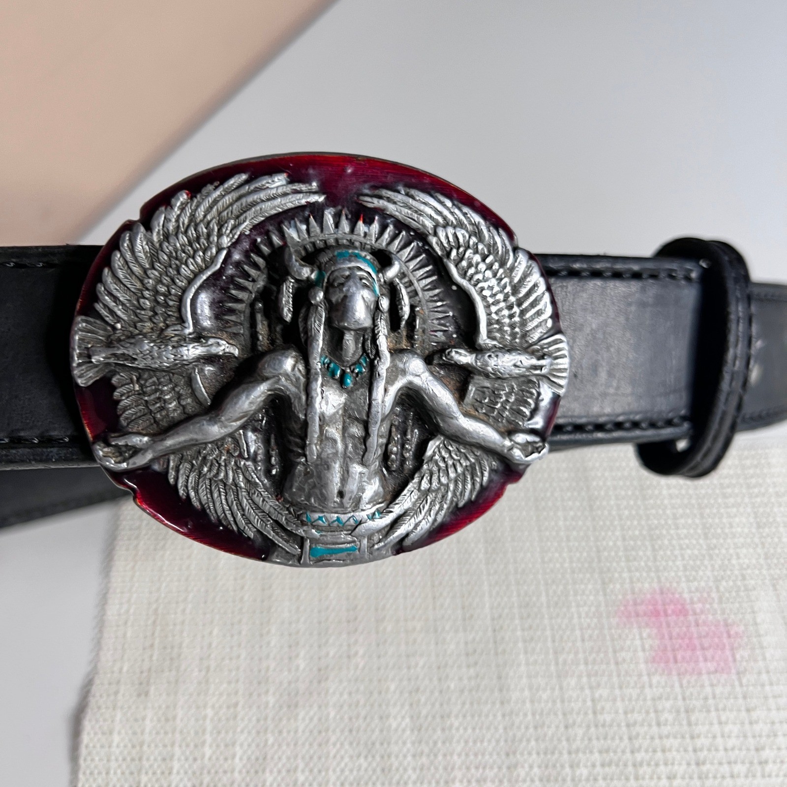 Vintage 1991 Siskiyou Eagle Spirit Native American Pewter Belt Buckle Black 30