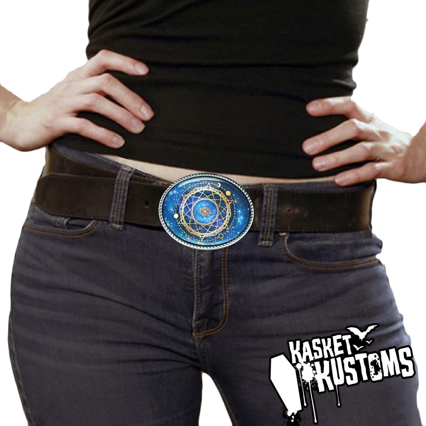 Sacred Geometry Belt Buckle – Esoteric Celestial Evil Eye Handmade Buckle – 796
