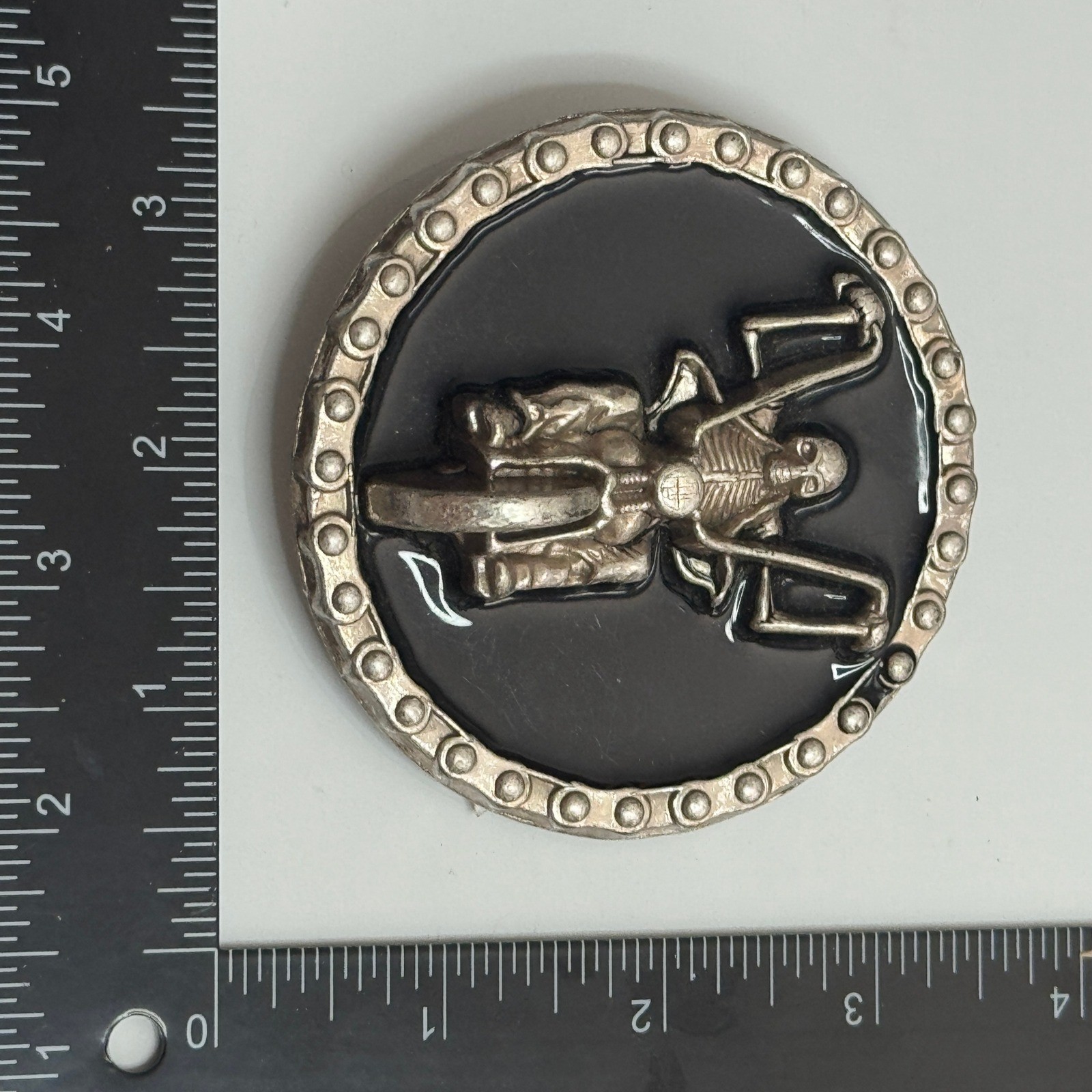 Skeleton Rider Motorcycle Belt Buckle Silver Tone Black Metal Round