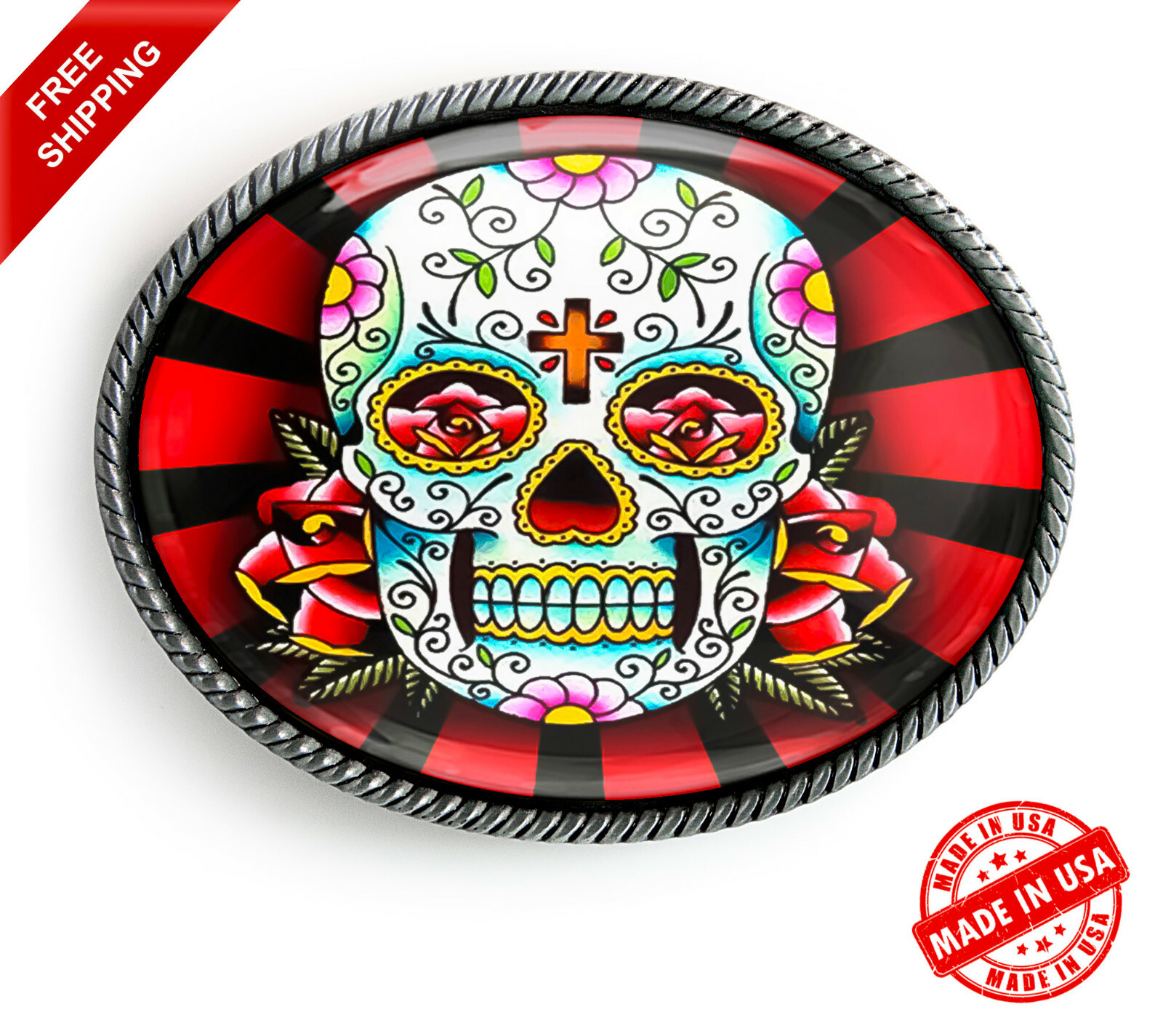 Day of the Dead Belt Buckle – Sugar Skull Rays Handmade Silver Buckle – 61