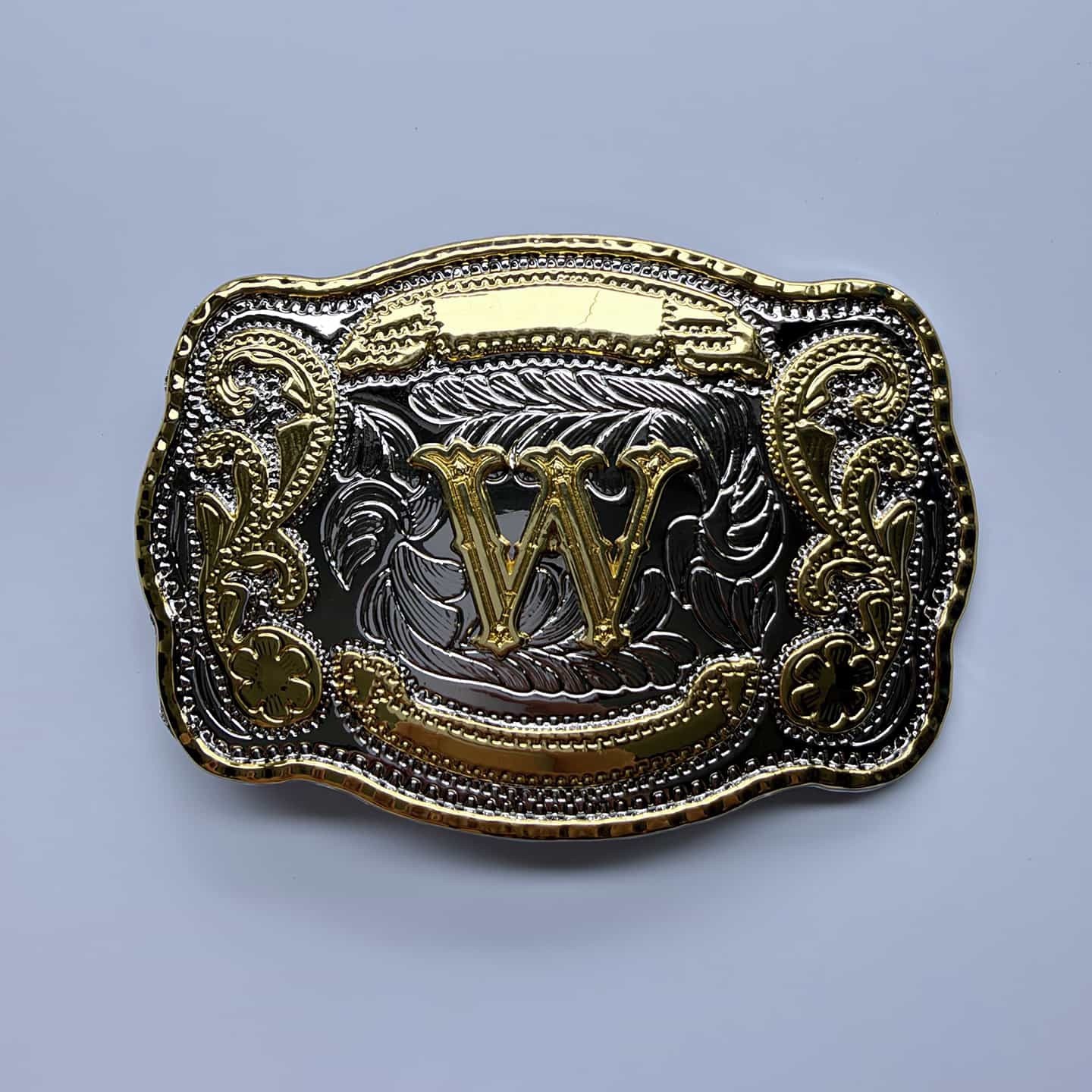 Bright Silver With Gold Initial Letter A-Z Cowboy Cowgirl Rectangle Belt Buckle