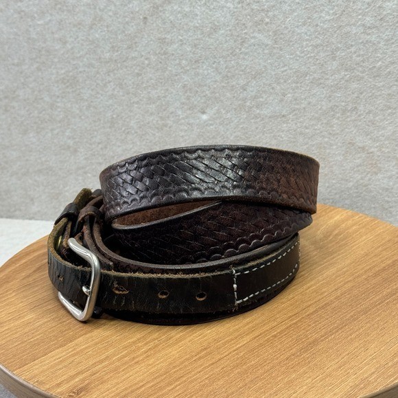 Distressed Leather Woven Embossed Belt Silver Buckle Brown Well Worn Size 50
