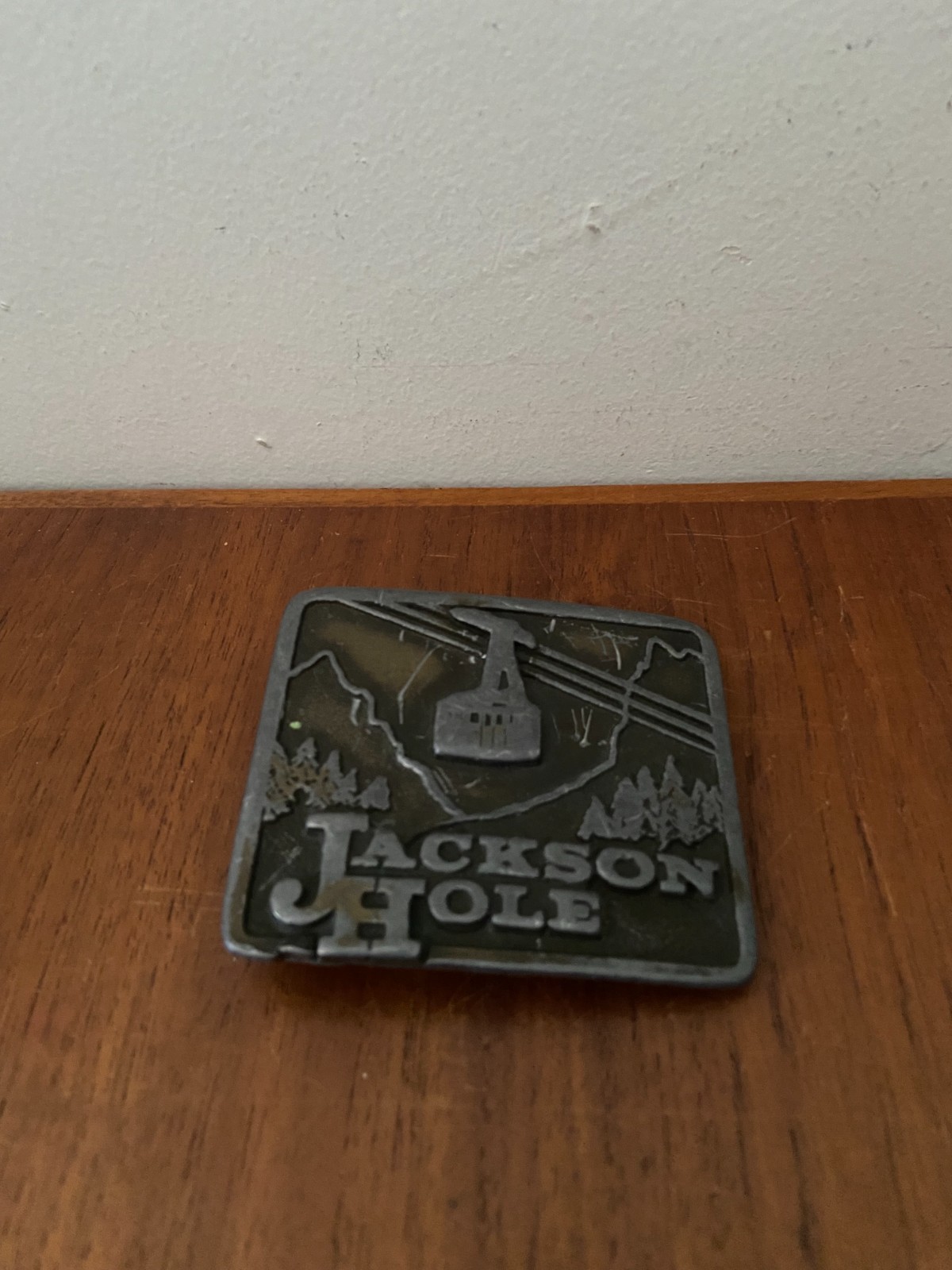 Vintage 1975 Cowboy Jackson Hole Wyoming Brass Belt Buckle Made In USA Ski Lift