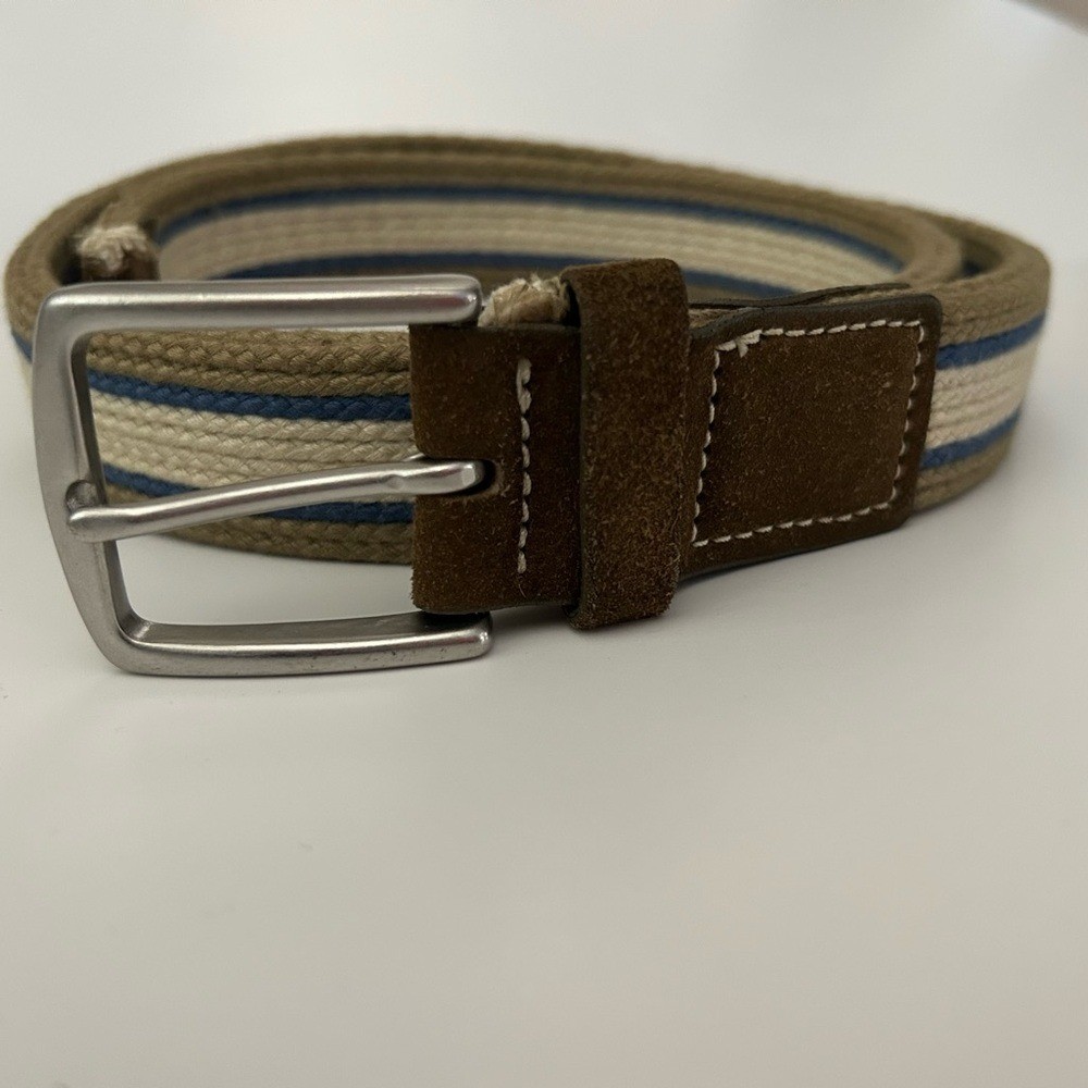 Banana Republic Tan Blue Striped Suede & Canvas Sold Brass Buckle Belt Small