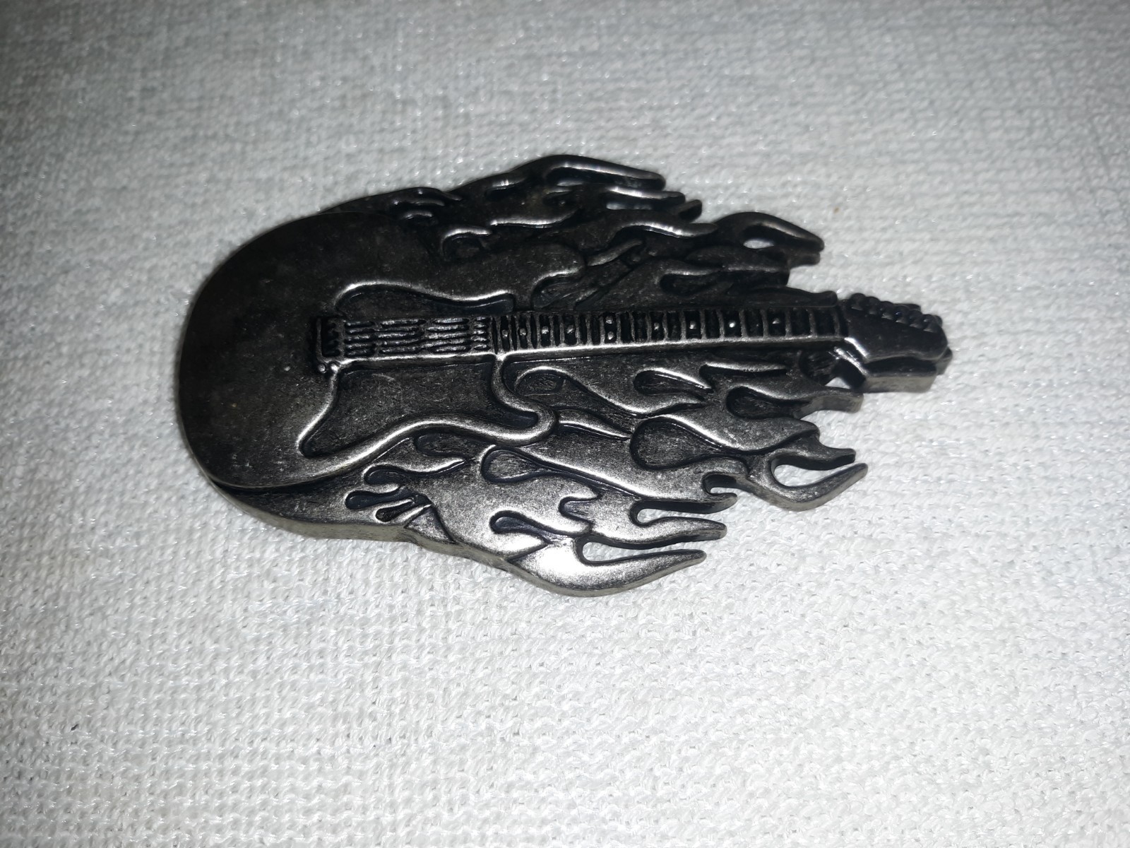 Vintage Pewter Flaming Electric Guitar Rock & Roll Belt Buckle Excellent