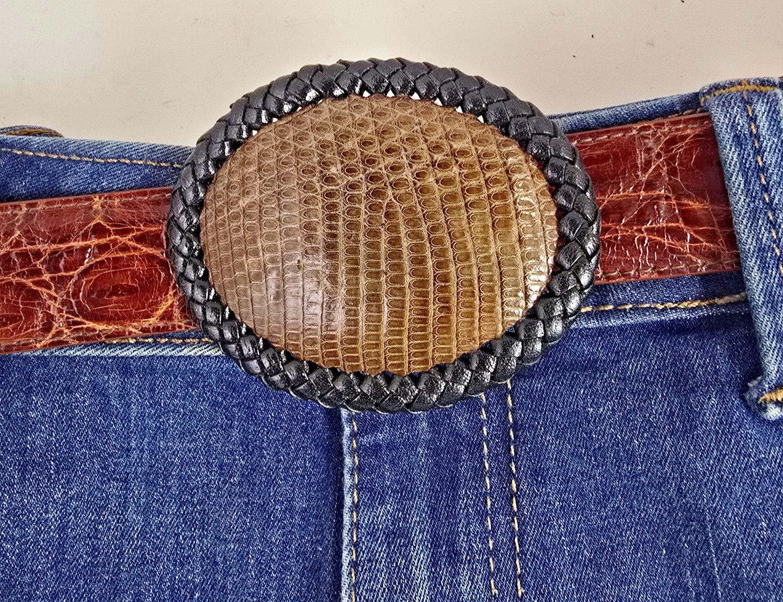 Lizard skin Belt Buckle Western Cowboy style HANDMADE NEW Authentic lite brown