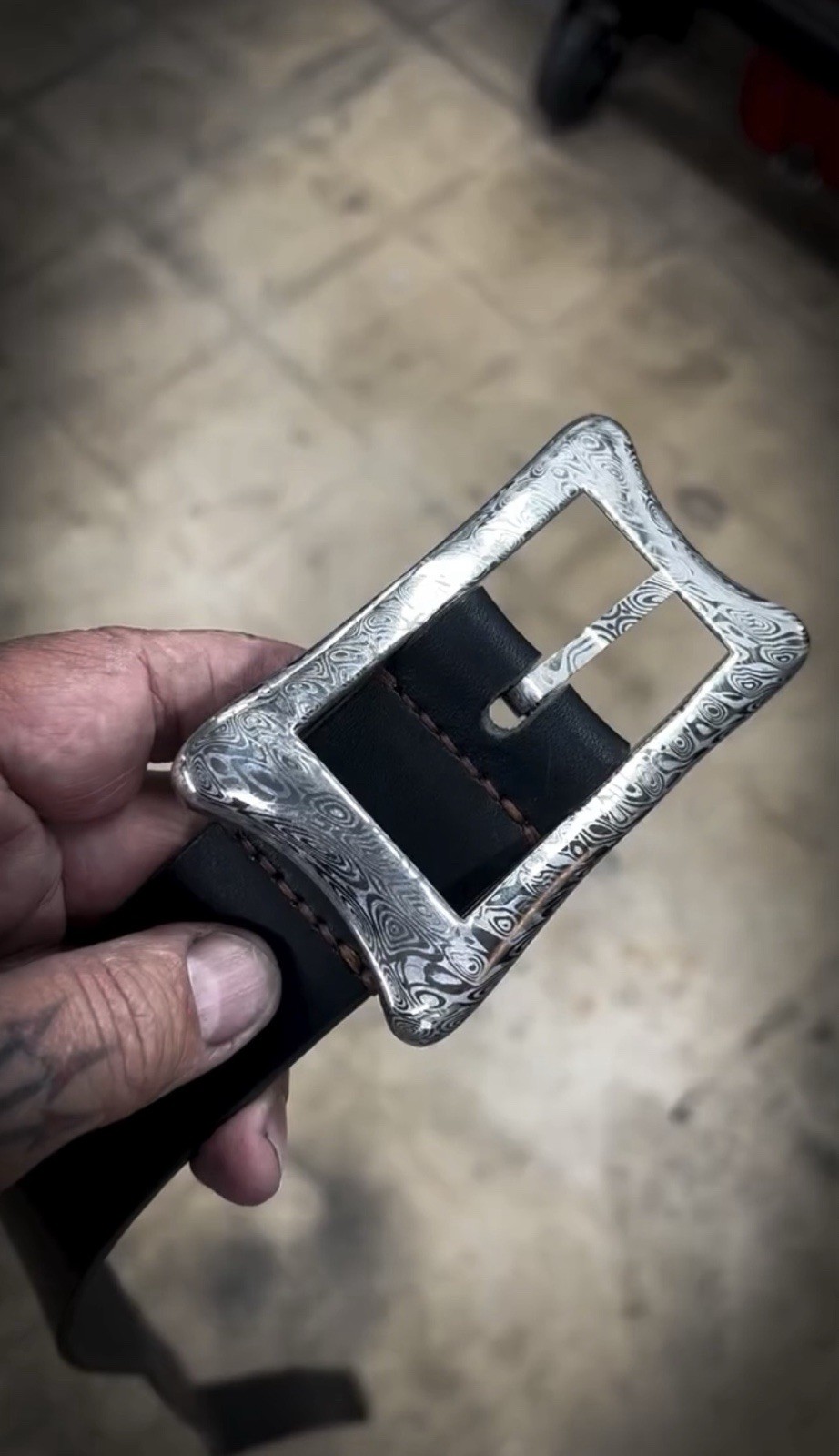 One-off customized 1.5” Damascus Steel Buckle With English Bridal Leather Belt